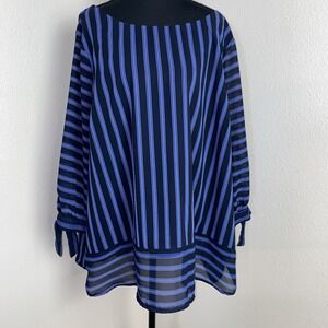 Westport Blouse Women's Size 3X Blue Striped 3/4 Tie Sleeve Sheer Lined Business
